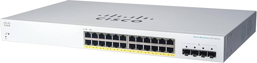 Switch Cisco CBS220-24FP-4G-EU 2025 Cisco CBS220-24FP-4G-EU cung cấp 24 cổng Gigabit Ethernet cùng 4 cổng uplink SFP 1G