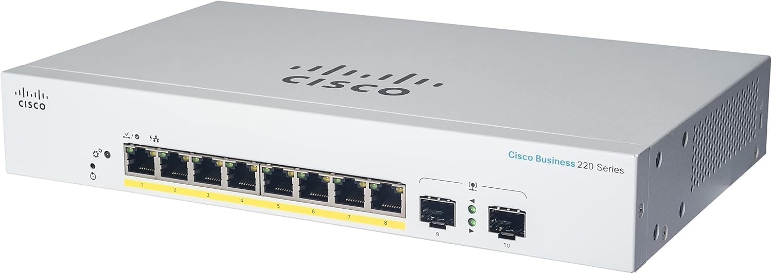 Switch Cisco CBS220-8P-E-2G-EU 2025 Cisco CBS220-8P-E-2G-EU cung cấp 8 cổng GE PoE+ và 2 cổng uplink 1G SFP