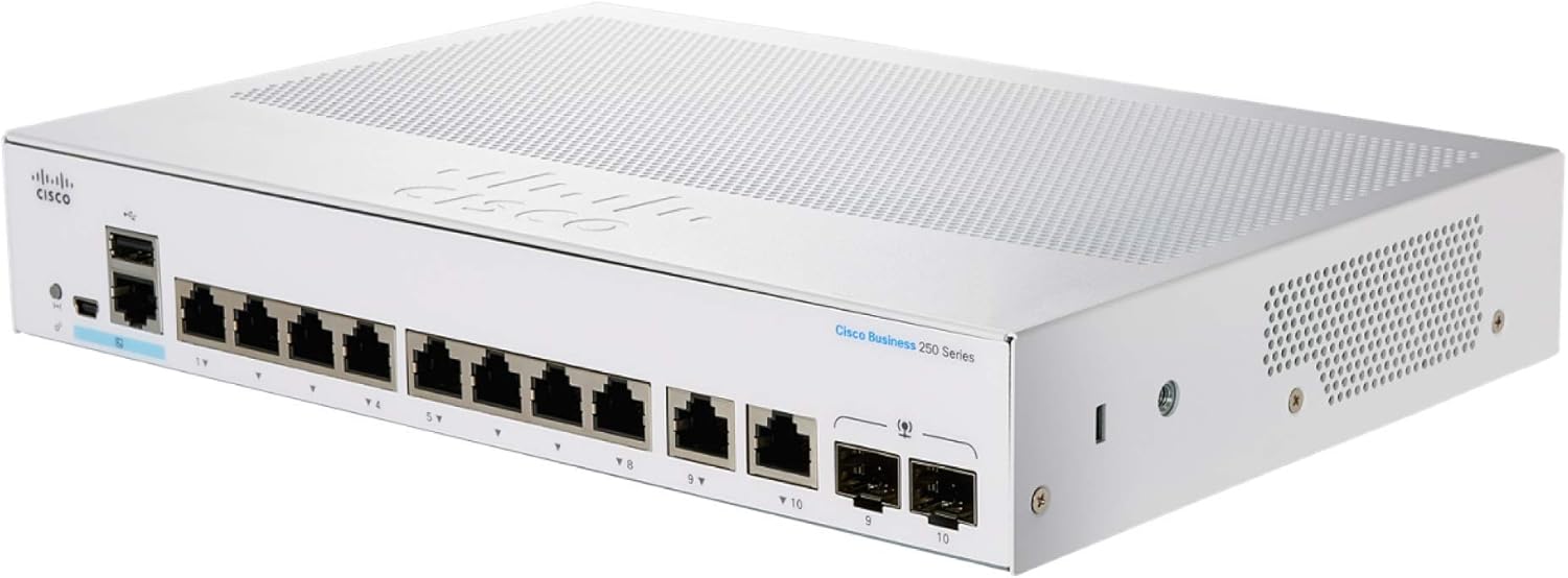 Switch Cisco CBS250-8T-E-2G-EU 2025 Cisco CBS250-8T-E-2G-EU với 8 cổng Gigabit Ethernet và 2 cổng uplink SFP