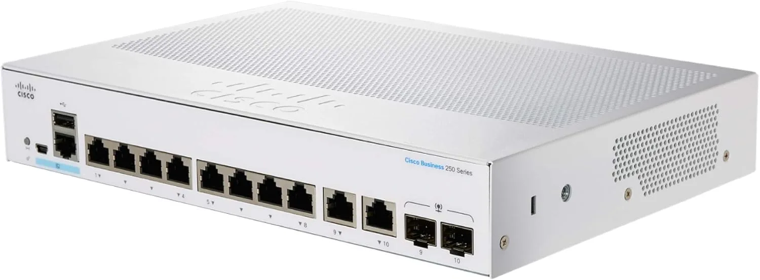 Cisco CBS250-8T-E-2G-EU với 8 cổng Gigabit Ethernet và 2 cổng uplink SFP