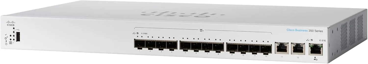 Cisco CBS350-12XS-EU được trang bị 12 cổng SFP+ 10G, trong đó có 2 cổng Combo và 2 cổng đồng 10G