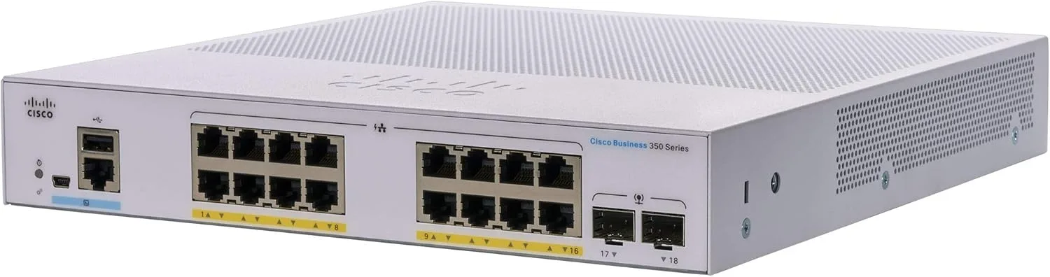 Cisco CBS350-16FP-2G-EU có 16 cổng GE PoE+ và 2 cổng uplink 1G SFP