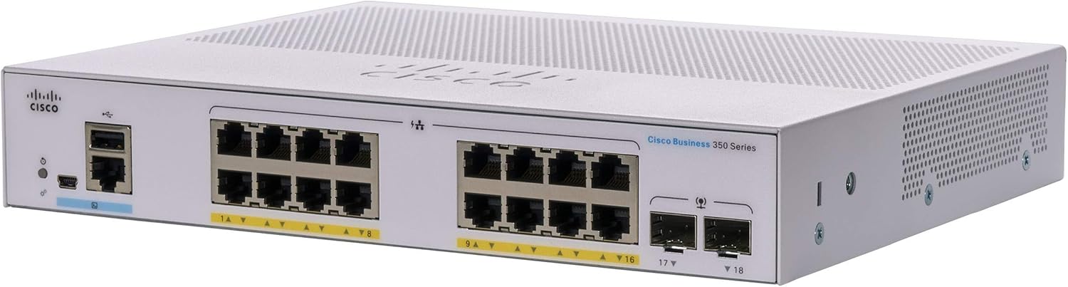 Switch Cisco CBS350-16P-2G-EU 2025 Cisco CBS350-16P-2G-EU cung cấp 16 cổng GE hỗ trợ PoE+ và 2 cổng uplink SFP 1GbE