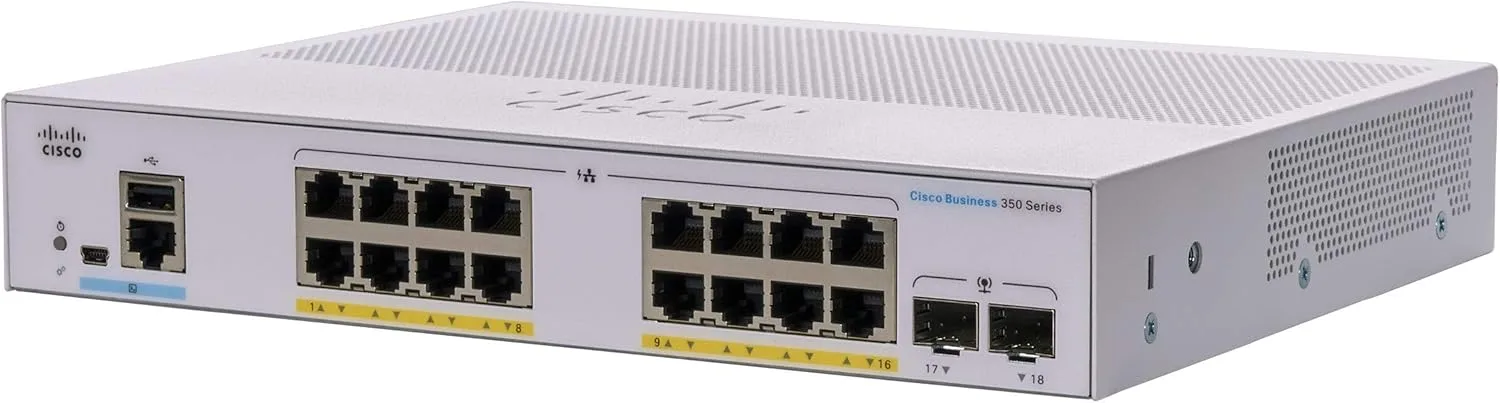 Cisco CBS350-16P-2G-EU cung cấp 16 cổng GE hỗ trợ PoE+ và 2 cổng uplink SFP 1GbE