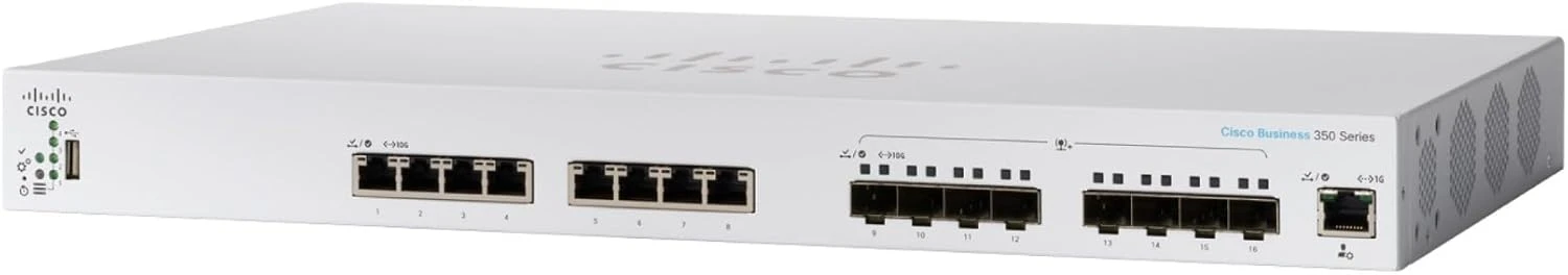 Cisco CBS350-16XTS-EU có 8 cổng đồng, 8 cổng SFP+, 1 cổng quản trị GE