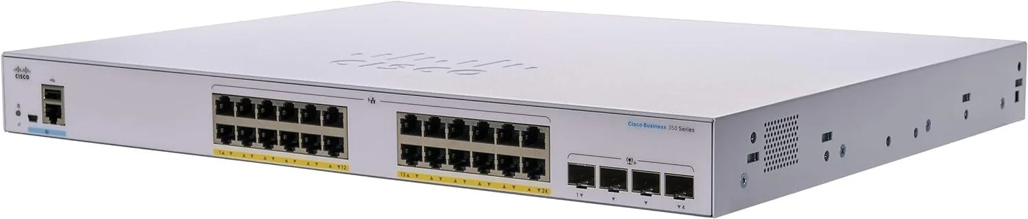 Cisco CBS350-24FP-4X-EU có 24 cổng GE PoE+ và 4 cổng uplink 10G SFP+