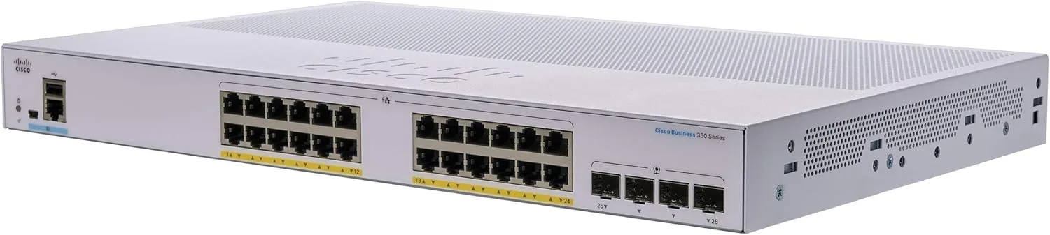 Cisco CBS350-24P-4Xcung cấp 24 cổng Gigabit PoE+ và 4 cổng uplink SFP+ 10G