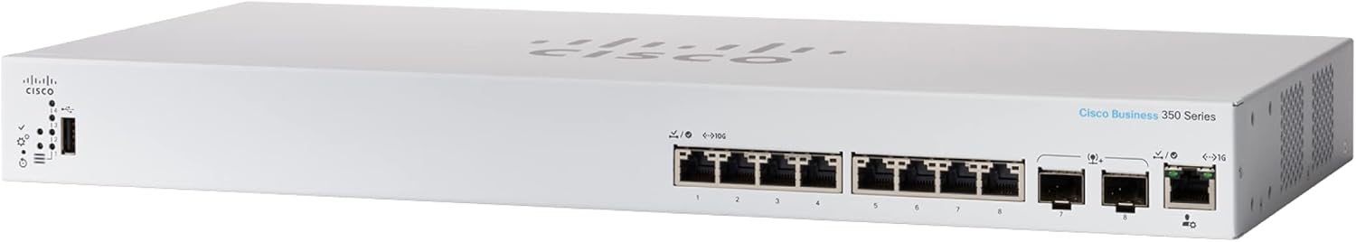 Switch Cisco CBS350-8XT-EU 2025 Cisco CBS350-8XT-EU cung cấp 6 cổng 10 Gigabit copper và 2 cổng 10G copper or SFP+ combo, 1 cổng GE quản lý OOB