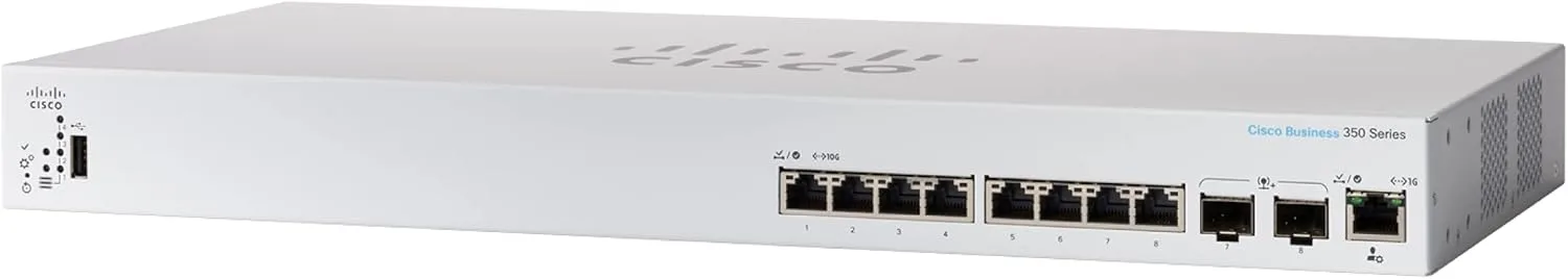 Cisco CBS350-8XT-EU cung cấp 6 cổng 10 Gigabit copper và 2 cổng 10G copper or SFP+ combo, 1 cổng GE quản lý OOB