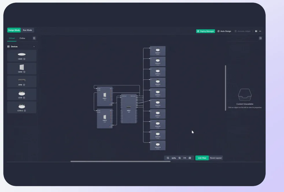 Dựa vào thông tin phòng thực tế, kỹ thuật viên có thể thiết kế và triển khai giải pháp âm thanh Skysound dễ dàng với công cụ thiết kế