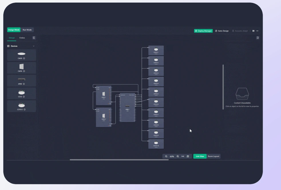 Dựa vào thông tin phòng thực tế, kỹ thuật viên có thể thiết kế và triển khai giải pháp âm thanh Skysound dễ dàng với công cụ thiết kế