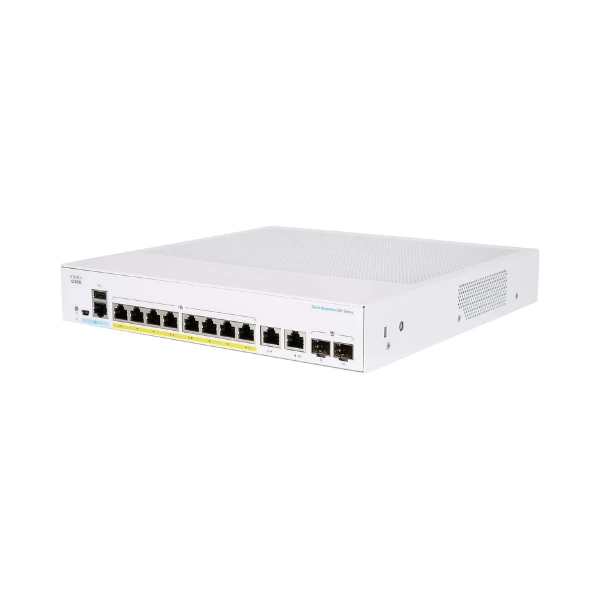 Mặt trước, mặt trên và mặt bên switch Cisco CBS350-8FP-2G-EU