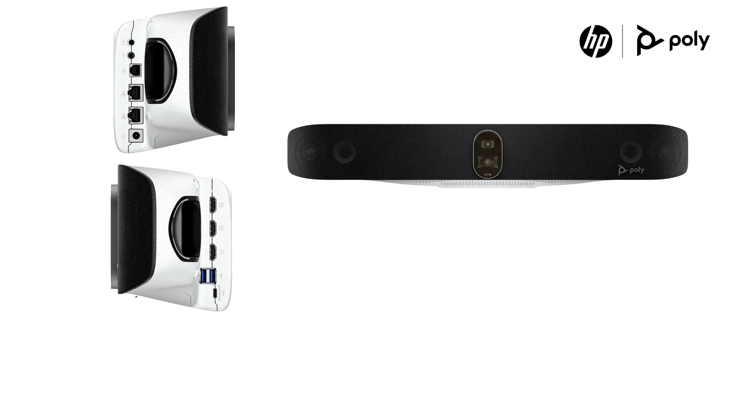 Mặt trước và các cổng kết nối ở 2 bên của Poly Studio V72