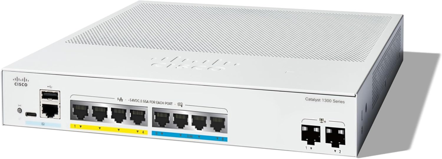 Switch Cisco C1300-8MGP-2X 2025 Switch Cisco C1300-8MGP-2X với 4 cổng GE và 4 cổng 2.5G hỗ trợ PoE+, 2 cổng 10G SFP+ uplinks