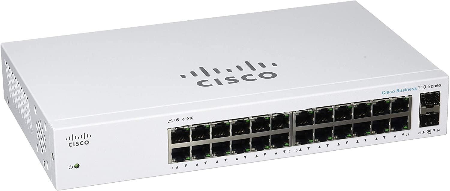 Switch Cisco CBS110-24T-EU 2025 Switch Cisco CBS110-24T-EU với 24 cổng Gigabit Ethernet (1G) và 2 cổng 1G SFP (dùng chung với cổng mạng)