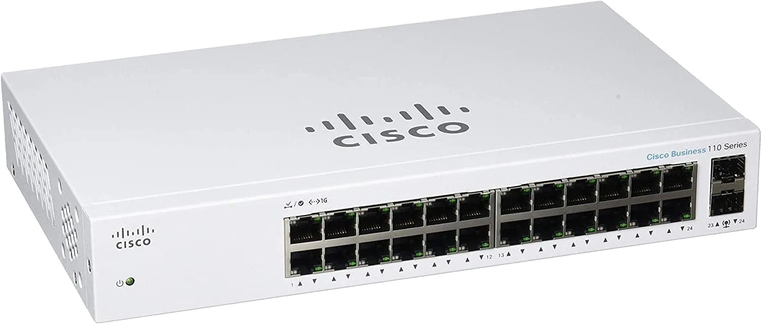 Switch Cisco CBS110-24T-EU với 24 cổng Gigabit Ethernet (1G) và 2 cổng 1G SFP (dùng chung với cổng mạng)