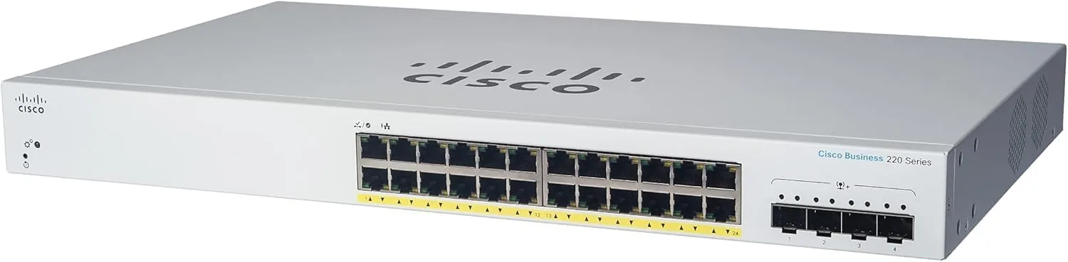 Switch Cisco CBS220-24FP-4X-EU với 24 cổng Gigabit Ethernet PoE+ và 4 cổng uplink SFP+ 10G
