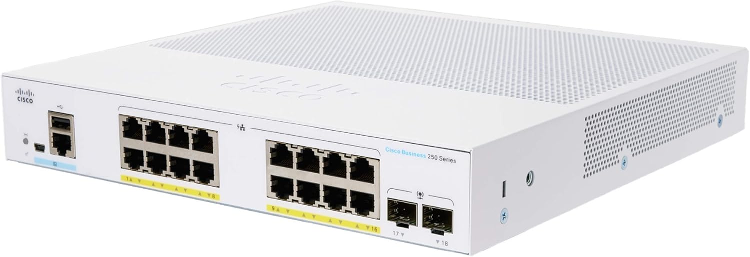 Switch Cisco CBS250-16P-2G-EU 2025 Switch Cisco CBS250-16P-2G-EU có 16 cổng Gigabit Ethernet PoE+ và 2 cổng uplink Gigabit SF