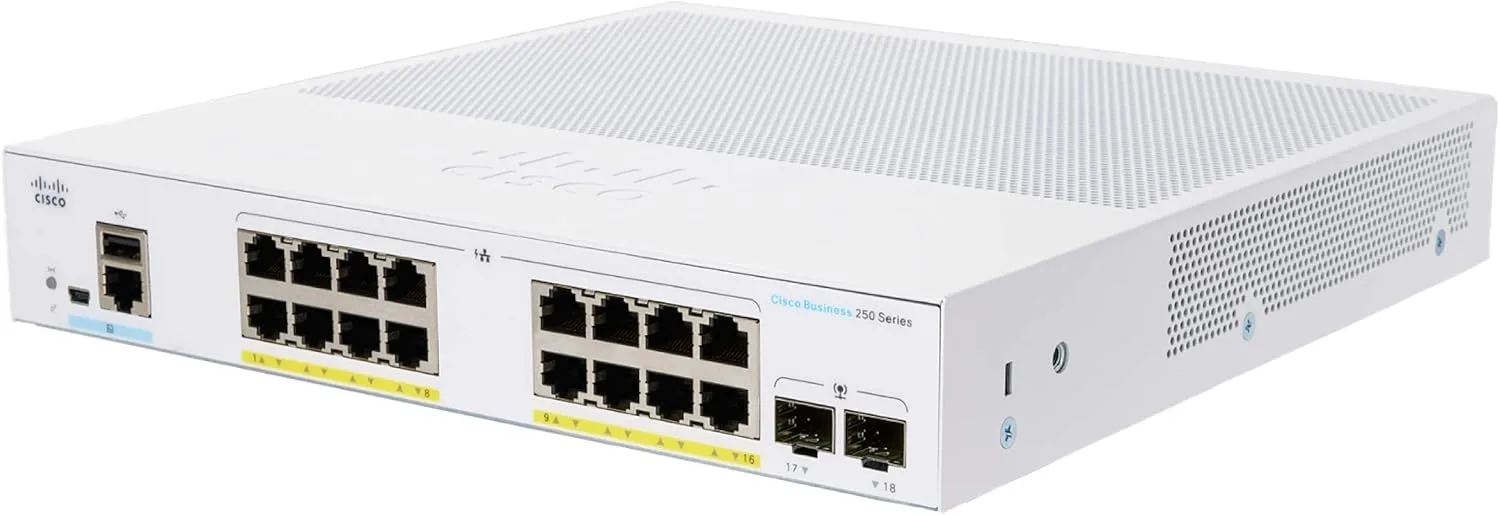 Switch Cisco CBS250-16P-2G-EU có 16 cổng Gigabit Ethernet PoE+ và 2 cổng uplink Gigabit SF