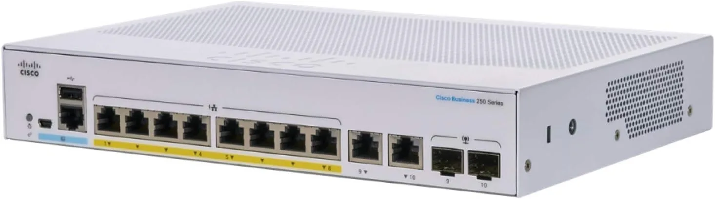 Switch Cisco CBS250-8FP-E-2G-EU với 8 cổng Gigabit Ethernet và 2 cổng Gigabit Ethernet kết hợp
