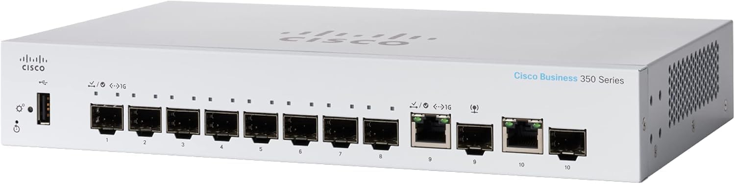 Switch Cisco CBS350-8S-E-2G-EU 2025 Switch Cisco CBS350-8S-E-2G-EU là thiết bị chuyển mạch Layer 3, được trang bị 8 cổng Gigabit SFP, 2 cổng Gigabit và 2 cổng combo Gigabit Copper,SFP
