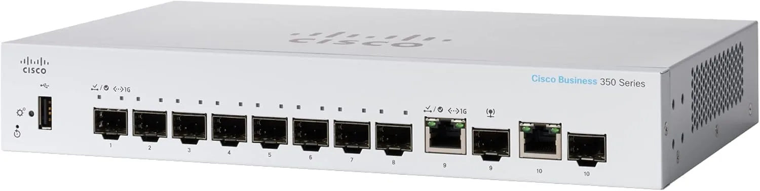 Switch Cisco CBS350-8S-E-2G-EU là thiết bị chuyển mạch Layer 3, được trang bị 8 cổng Gigabit SFP, 2 cổng Gigabit và 2 cổng combo Gigabit Copper,SFP
