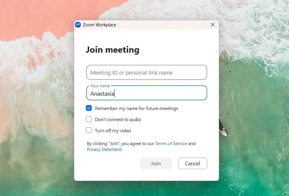nhập đầy đủ thông tin và tham gia cuộc họp zoom