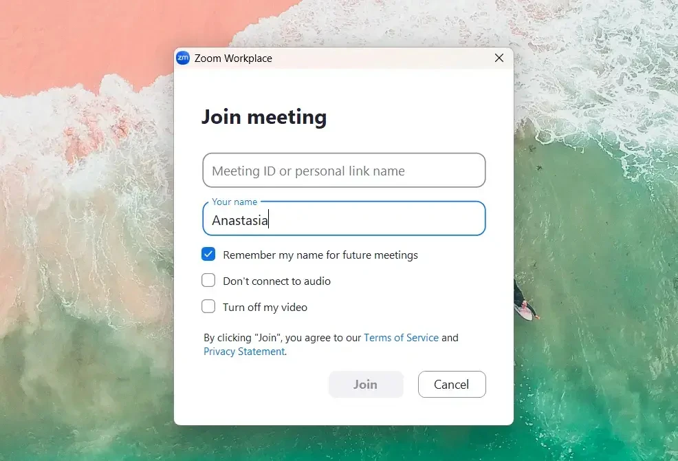 nhập đầy đủ thông tin và tham gia cuộc họp zoom
