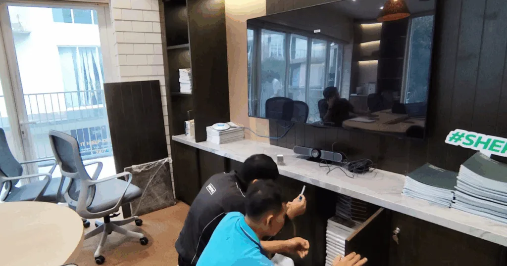 Kỹ thuật Ngọc Thiên lắp đặt thực tế camera hội nghị Logitech Meetup cho văn phòng vật liệu xây dựng tại HCM