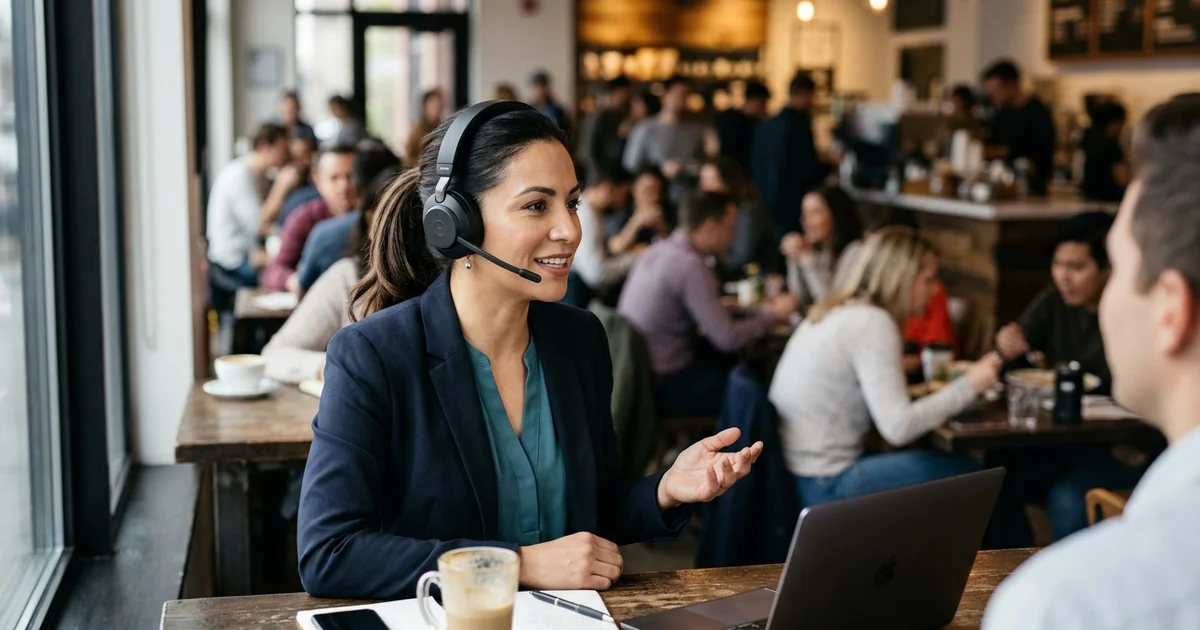 Tính năng lọc tạp âm thông minh trên tai nghe Jabra Evolve3 85 trong quán cafe
