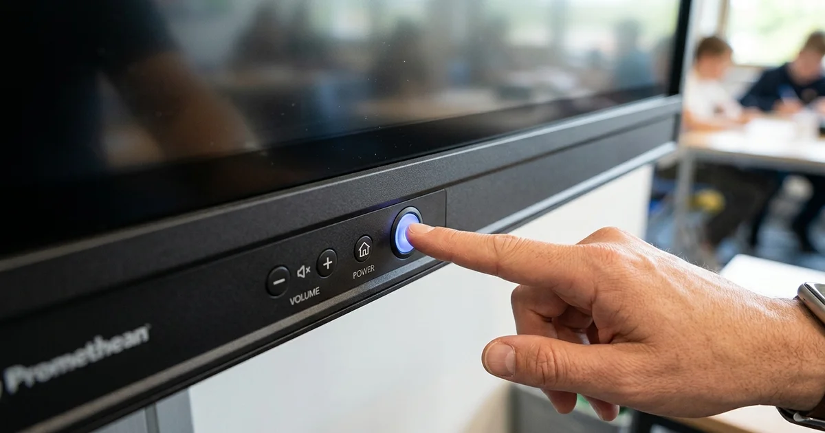 Thao tác nhấn nút nguồn trên viền màn hình tương tác