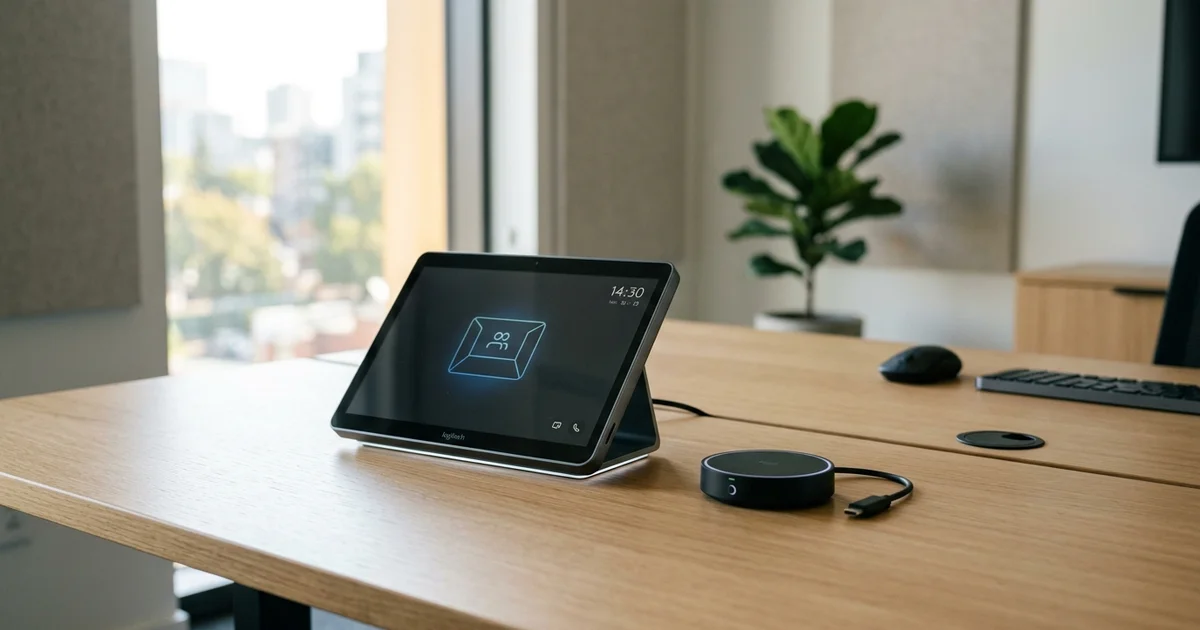 Thiết bị điều khiển Logitech Tap IP và pod trình chiếu đặt trên bàn
