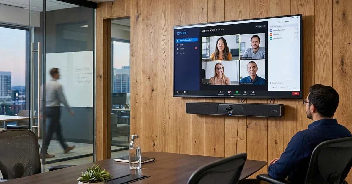 Thiết bị video bar tích hợp AI gắn tường trong văn phòng