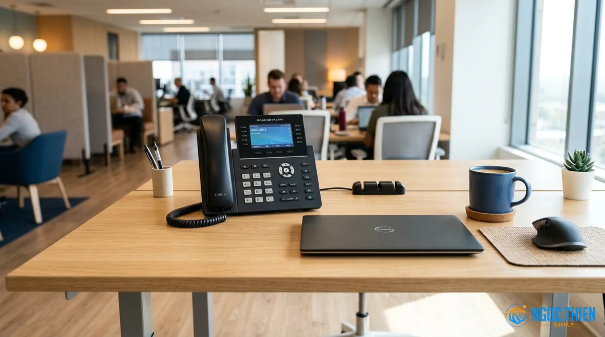 điện thoại IP Grandstream GRP2601 lắp đặt trên bàn làm việc