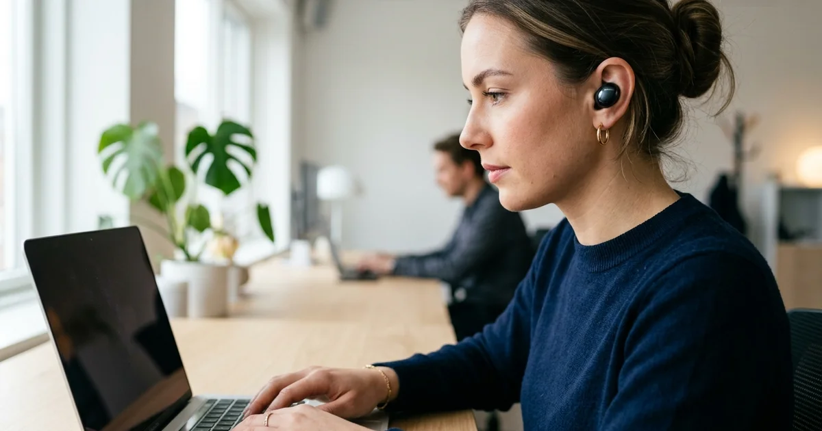 Nhân viên văn phòng đeo tai nghe Galaxy Buds 4 Pro trong cuộc họp trực tuyến
