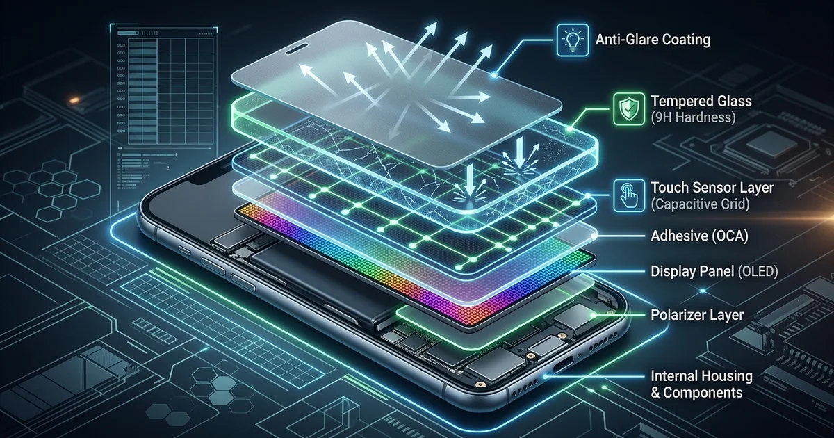 Sơ đồ 3D các lớp bảo vệ kính cường lực chống chói trên màn hình tương tác