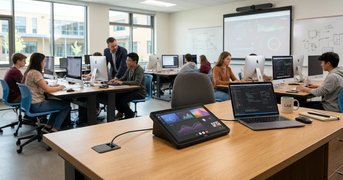Thiết bị điều khiển Logitech Tap IP trên bàn giáo viên trong phòng lab trường học