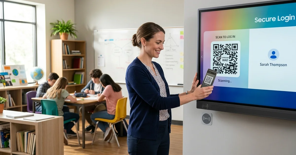 giáo viên đăng nhập màn hình tương tác Samsung thông minh bằng điện thoại qua mã QR