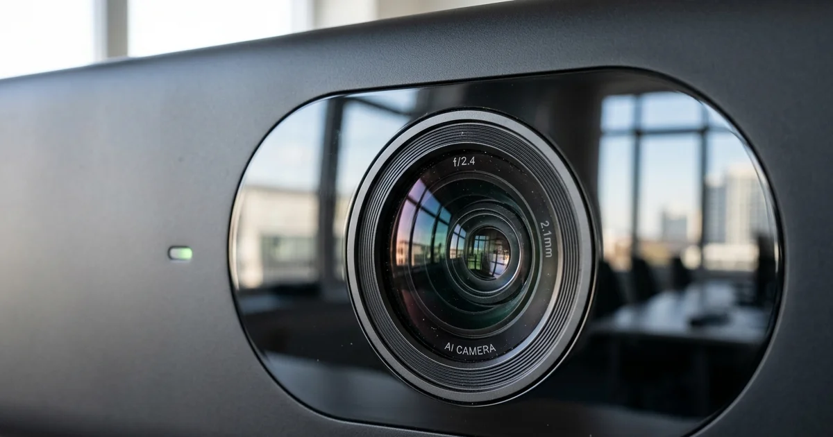 Cận cảnh ống kính camera và nắp che bảo vệ riêng tư tự động của Yealink MeetingBar A10