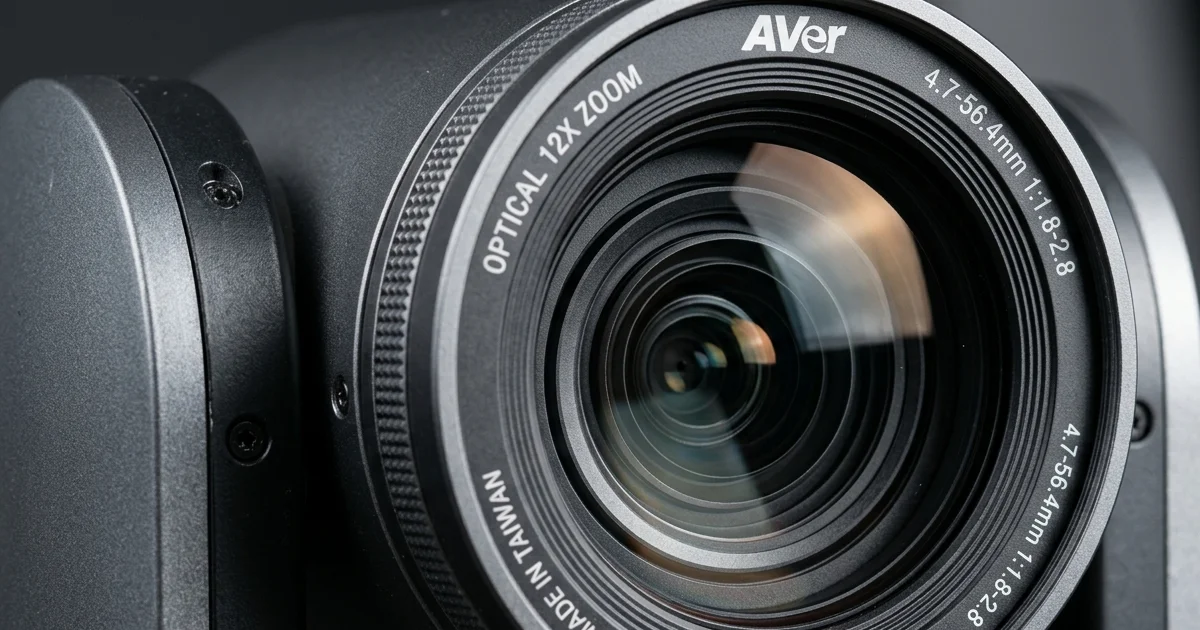 Cận cảnh ống kính zoom quang học 12x của camera hội nghị AVer CAM520 Pro3 chính hãng