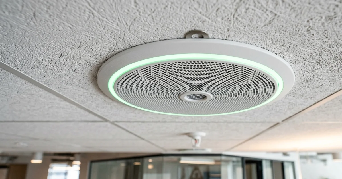 Cận cảnh micro âm trần trong giải pháp âm thanh phòng họp hybrid chuyên nghiệp