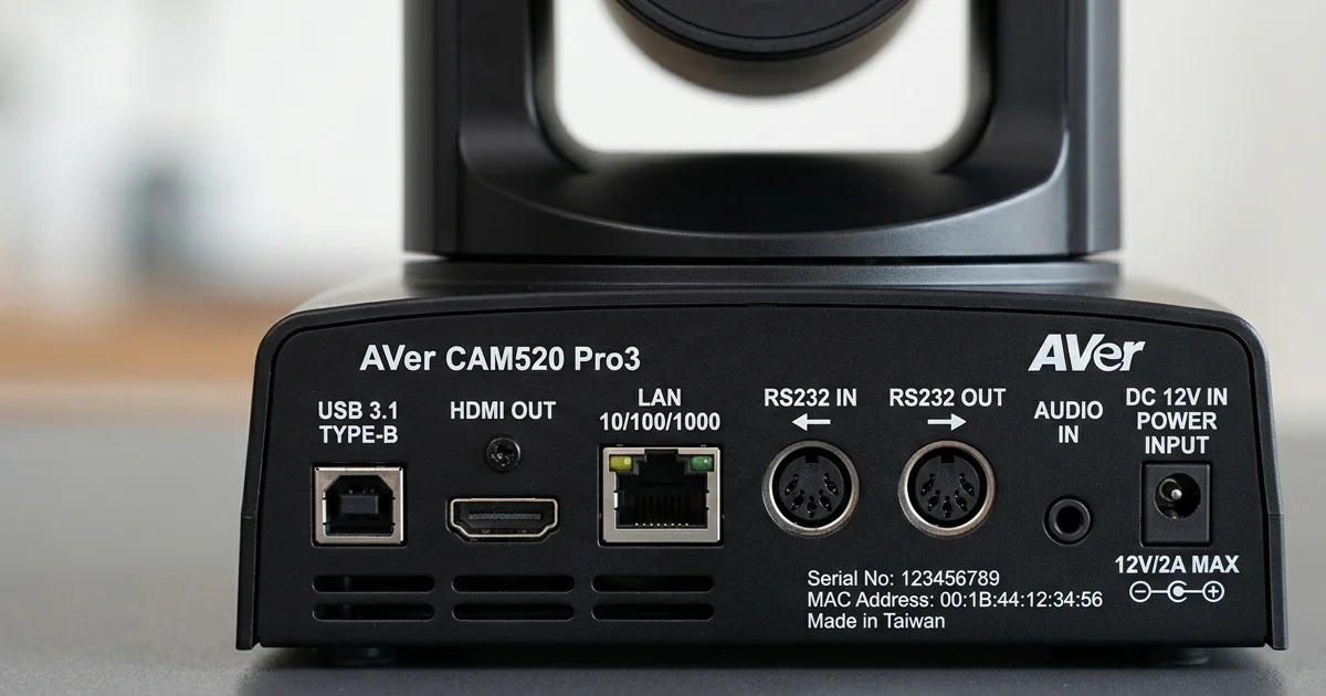Mặt sau của camera AVer CAM520 Pro3 hiển thị các cổng kết nối giao tiếp