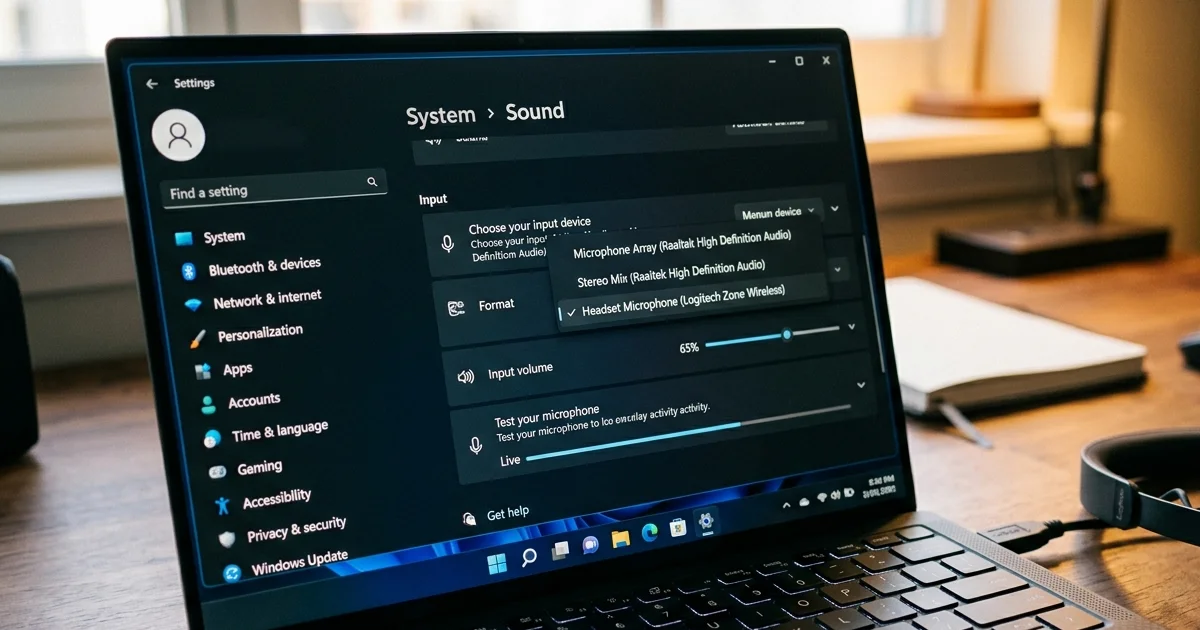 Giao diện Windows Sound Settings chọn đúng thiết bị micro tai nghe trong sửa lỗi tai nghe không nhận micro