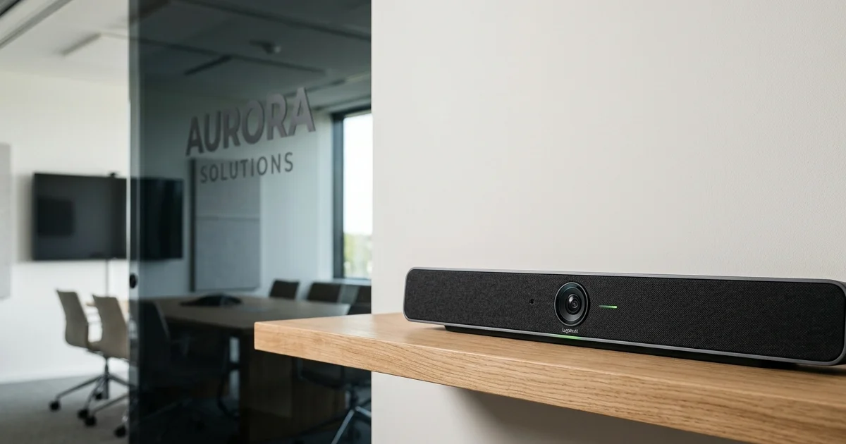 Thiết bị soundbar thông minh đặt trên kệ gỗ phòng hội nghị sang trọng trong xu hướng phòng họp AI