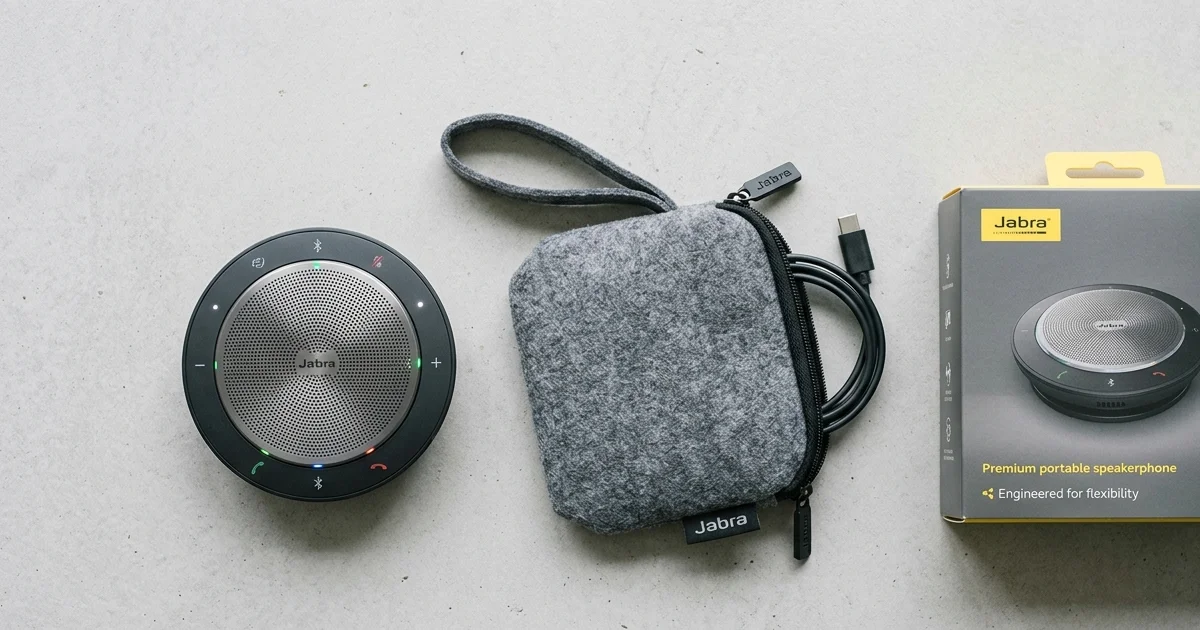 Bộ sản phẩm loa hội nghị Jabra Speak2 75 chính hãng bao gồm bao đựng vải felt và hộp giấy