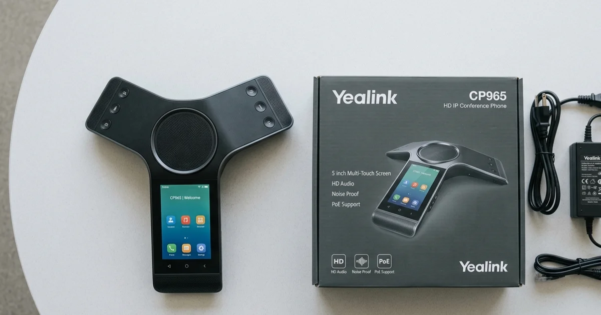 Hộp sản phẩm loa hội nghị Yealink CP965 và bộ nguồn PoE đi kèm