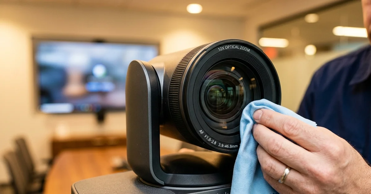 IT dùng khăn microfiber mềm để làm sạch thấu kính camera hội nghị trong khắc phục lỗi camera hội nghị