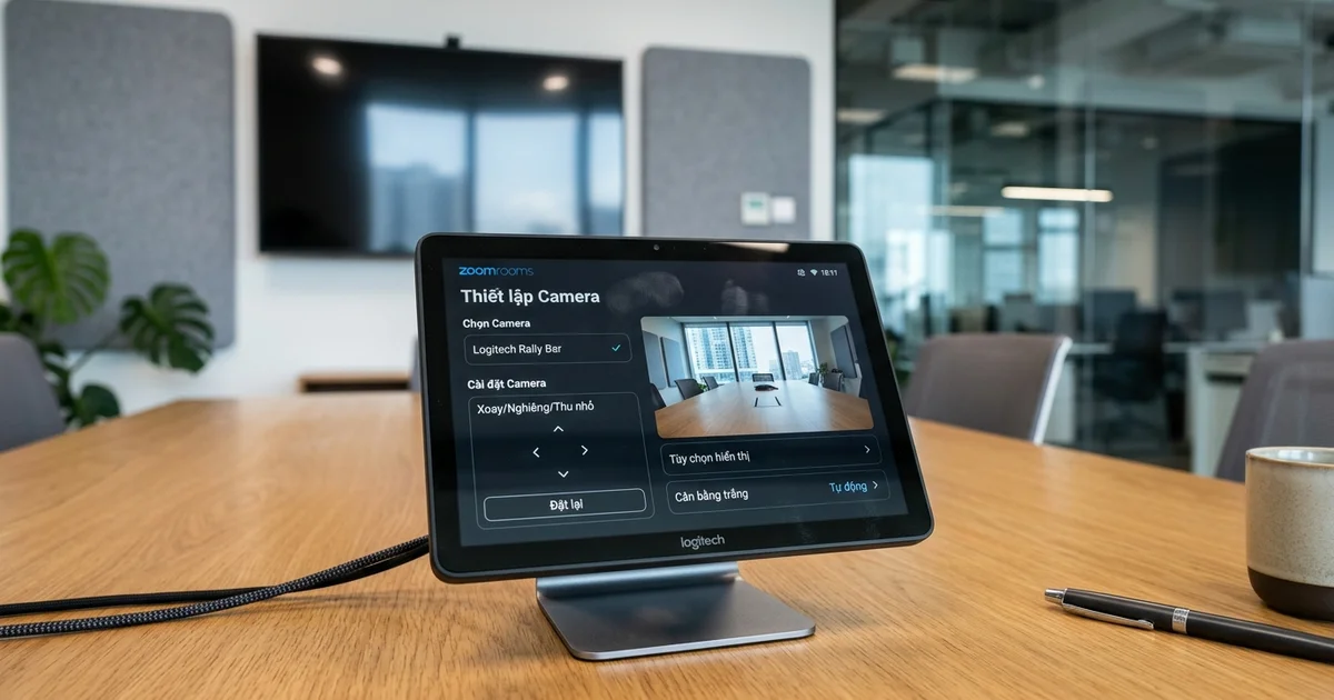 Màn hình điều khiển cảm ứng Zoom Rooms hiển thị menu thiết lập camera