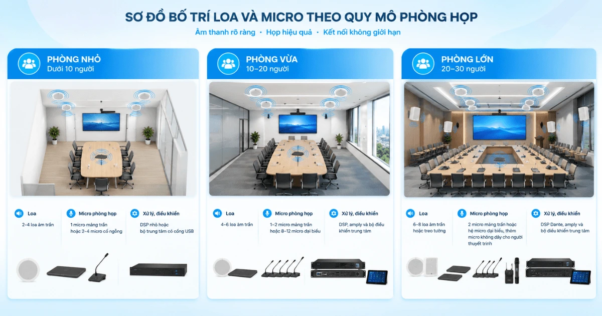 Bố trí thiết bị âm thanh phòng họp 10 người, 20 người và 30 người