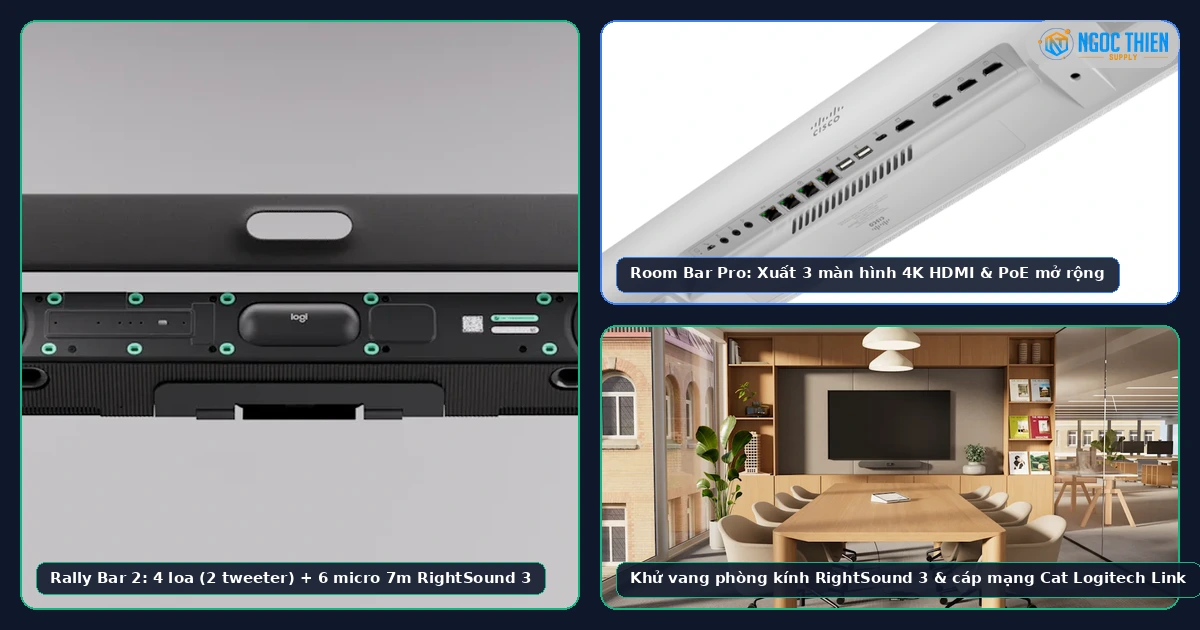 So sánh Cisco Room Bar Pro và Rally Bar 2 về cấu trúc 4 loa, 6 micro RightSound 3 và cổng kết nối